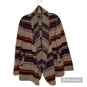 Fenn Wright Mason Stripe Wool Blend Serape Blanket Southwest Buckle Cardigan M